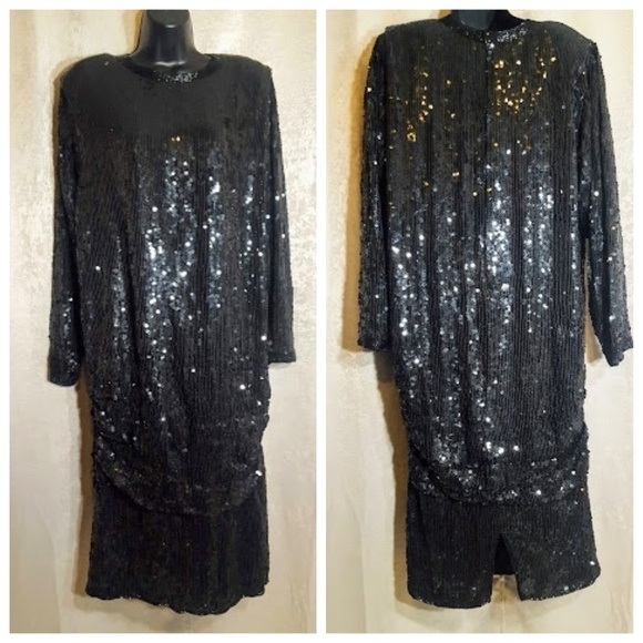 Vintage Judith Ann Sequins Black Dress sz L Beaded - Picture 1 of 8